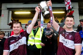 Borris-lleigh joint-captains Seán McCormack and Conor Kenny pictured lifting the Munster cup after their one-point club final win over Ballygunner. Picture: Eamonn McGee
