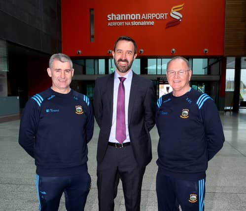 Pictured from left: Tipperary senior hurling manager Liam Sheedy, Andrew Murphy (managing director at Shannon Airport) and Liam O’Shea (Tipperary senior hurling logistics manager).