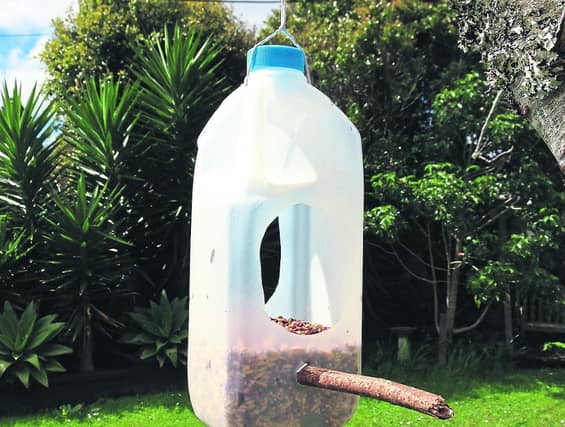 DIY a perfectly effective feeder using recycled materials including plastic bottles
