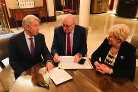 Deputy Michael Lowry discussing the Lisheen proposal with Commissioner Phil Hogan and Minister Heather Humphries.