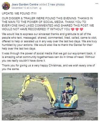 On Wednesday evening the garden centre posted a message to their social media page saying the machinery had since been tracked down and recovered thanks to the “power of social media.”
