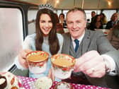Alzheimer Society of Ireland Tea Day. Pictured (left to right) RTÉ star, Dáithí Ó’Sé, enjoyed afternoon tea with reigning Miss Ireland Niamh Kennedy on board the Vintage Tea Tour Bus in Dublin today