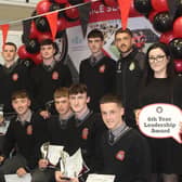 Sixth Year leadership awards recipients back: Back Row: Zack Tobin, Shane Regan, Darragh Morrissey, Conor Quinn, Alex Tobin, special guest at the awards Lee Grace and Rachel Moriarty Year Head. Front: Conor Power, Aidan Hanlon, Liam Twohig, Ryan Jacob, Missing from photo is student Padriag Egan.