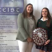 Scoil Mhuire teacher Louise O'Connor presents the school's Student of the Year award to Katelyn Phelan