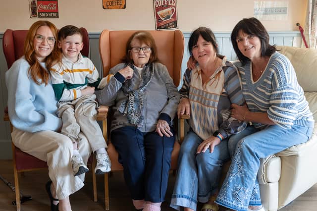 The Hewitt family: Alice Murphy (granddaughter), Theo Murphy (great-grandson), Joan Hewitt, Gillian Hewitt Fitzgerald (daughter), and Majella Hewitt Forte (daughter)