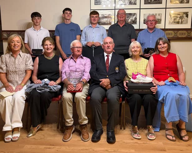 The prize winners of Pat Quinlan’s President’s Prize at Clonmel Golf Club were, seated, Sinead Corbett (sixth), Eta Barry Walsh (fourth), Nick Darmody (the overall winner), Pat Quinlan (President), Gwen Walshe (first lady), Claire Cosgrove (third). Standing, Roan Halley (fifth), John Gubbins (Junior winner), Joe Hawkins (Gross winner), Dermot O’Callaghan (first gent), Denis Buckley (Past Captain's winner)