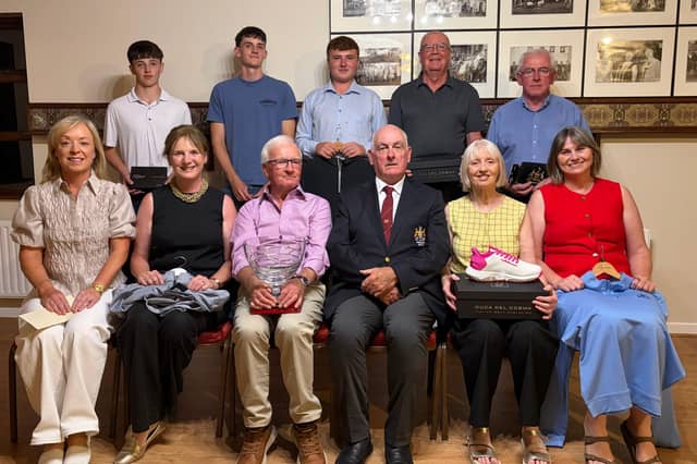 The prize winners of Pat Quinlan’s President’s Prize at Clonmel Golf Club were, seated, Sinead Corbett (sixth), Eta Barry Walsh (fourth), Nick Darmody (the overall winner), Pat Quinlan (President), Gwen Walshe (first lady), Claire Cosgrove (third). Standing, Roan Halley (fifth), John Gubbins (Junior winner), Joe Hawkins (Gross winner), Dermot O’Callaghan (first gent), Denis Buckley (Past Captain's winner)