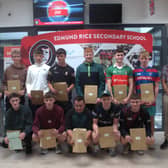 ERSS Leaving Cert students with their results at the school last week. They are pictured with teacher Peter Foran, principal Majella Gleeson (right) and on the left careers guidance counsellor Brendan O'Byrne and teacher Ronan Guilfoyle  