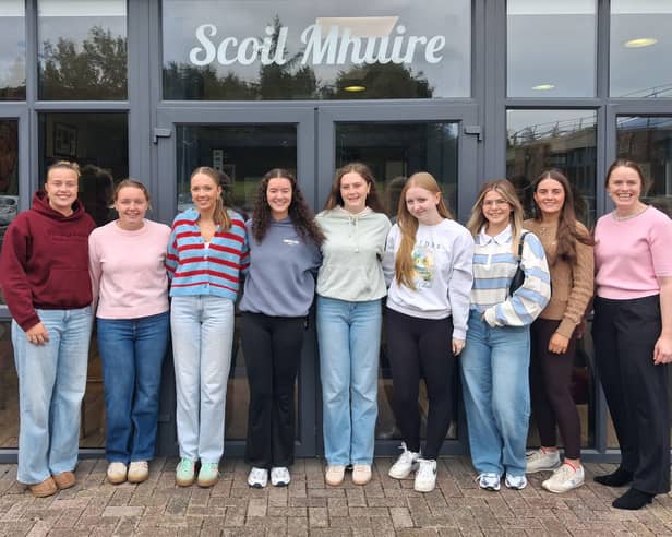 Members of Scoil Mhuire Secondary School's Leaving Cert Class of 2026 who achieved 500 points or over pictured outside the school