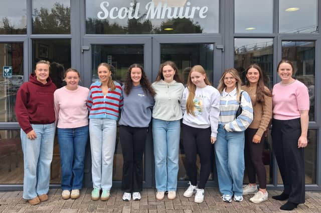Members of Scoil Mhuire Secondary School's Leaving Cert Class of 2026 who achieved 500 points or over pictured outside the school