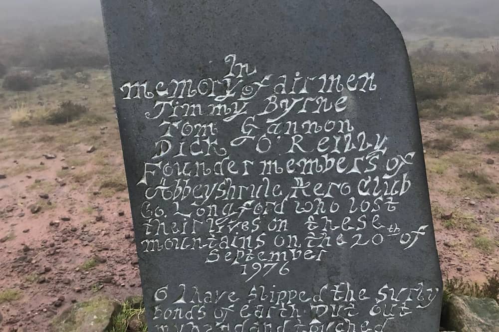 The memorial stone on Galtymore to three men who died when their light aeroplane crashed on the mountain fifty years ago