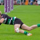 AJ Thomas scores his first half try for Clonmel against Enniscorthy
