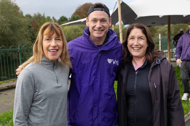 May Casey and Leana Griffin with David Gillick at the start of the VHI park run in Clonmel