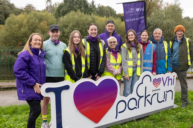 David Gillick (centre) with volunteers at the start of the VHI Parkrun in Clonmel