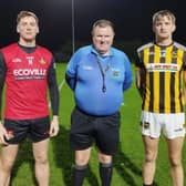 Ballyporeen captain Conor Sweeney (left) and Upperchurch-Drombane captain Paul Shanahan with referee Brian Tyrrell ahead of Friday evening's Tom Cusack Cup Final in Ballyporeen