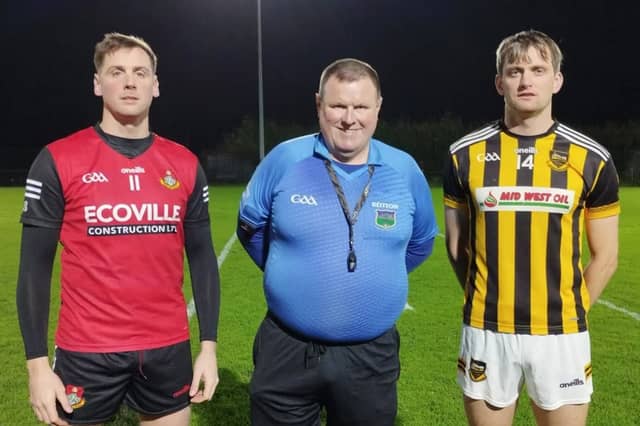 Ballyporeen captain Conor Sweeney (left) and Upperchurch-Drombane captain Paul Shanahan with referee Brian Tyrrell ahead of Friday evening's Tom Cusack Cup Final in Ballyporeen