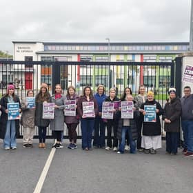 Staff of Bunscoil Na Cathrach on strike last week
