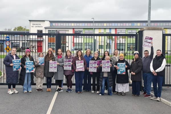 Staff of Bunscoil Na Cathrach on strike last week