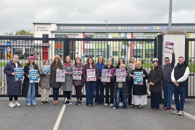 Staff of Bunscoil Na Cathrach on strike last week
