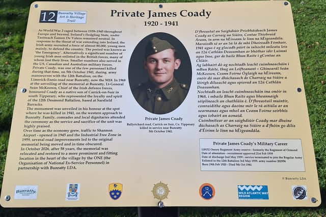 The Bunratty Heritage Trail information plaque about the late Private James Coady