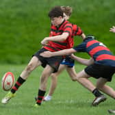 Clonmel High School's Jack Dillon tries to get a kick away in the Mungret Shield Under 16 match against Villiers School