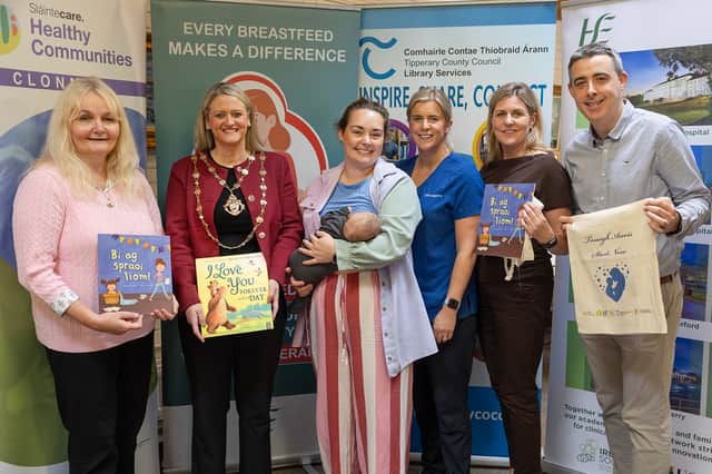 Debbie Scally (Staff Officer, TCC Library Service), Cllr Siobhán Ambrose, Mayor of Clonmel Borough District, Jean Marsh and baby Maggie, Aoife Ryan (Antenatal OPD, TUH, Clonmel), Kay Aherne (Midwife Antenatal Clinic, TUH Clonmel), Paul Devane (Executive Librarian, TCC Library Service