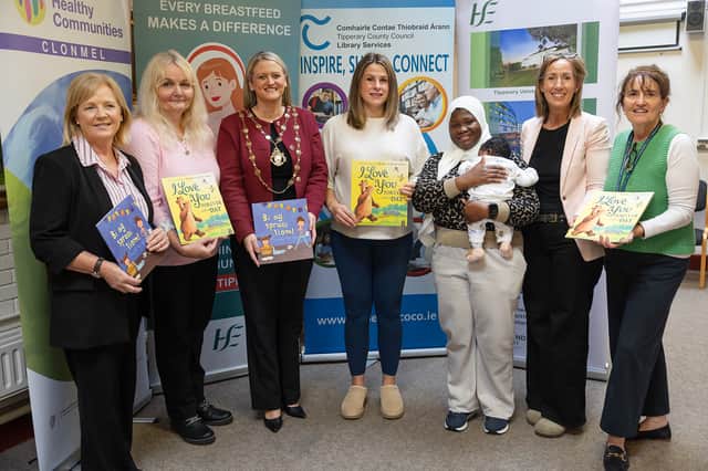 Maggie Dowling (Director of Midwifery, TUH Clonmel) Debbie Scally (Staff Officer, TCC Library Service), Cllr Siobhán Ambrose, Mayor of Clonmel Borough District, Rachel Lonergan, Salamatu Mohammed and baby Julia, Catríona Crowe (Sláintecare Health Communities) Anastasia McGuigan (Assistant Director of Midwifery, TUH Clonmel)
