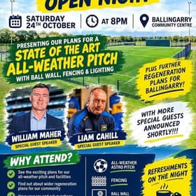 A poster advertising the open night for Ballingarry Community Field 