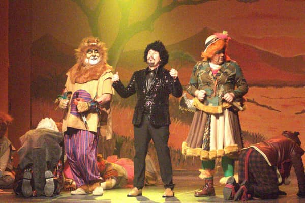 Ray Nolan  (centre) performing as Lino Ritchie with Audie Murphy as Mufasa and Caolán Deehy-Power as Mrs Lions in Carrick-on-Suir Musical Society's annual panto - The Lino King