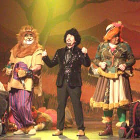 Ray Nolan  (centre) performing as Lino Ritchie with Audie Murphy as Mufasa and Caolán Deehy-Power as Mrs Lions in Carrick-on-Suir Musical Society's annual panto - The Lino King