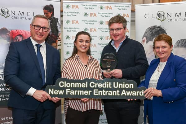 Michael Tobin from Cashel and his wife Norah, with Michael O’Grady, Head of Lending at Clonmel Credit Union (left) and Alice Doyle, IFA Deputy President (right).