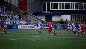 Rockwell College in action today in the Munster Rugby Senior cup quarter final