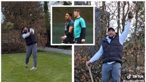 WATCH: Bundee Aki takes a lump out of Peter O'Mahony's pristine lawn at Six Nations party