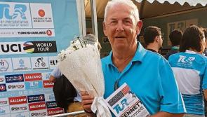 Tipperary fan gets Sam Bennett's bouquet of flowers following Tipperary cyclist's win in Turkey