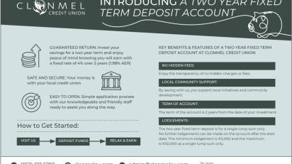ALERT: Clonmel Credit Union introduces a new two-year fixed-term deposit account