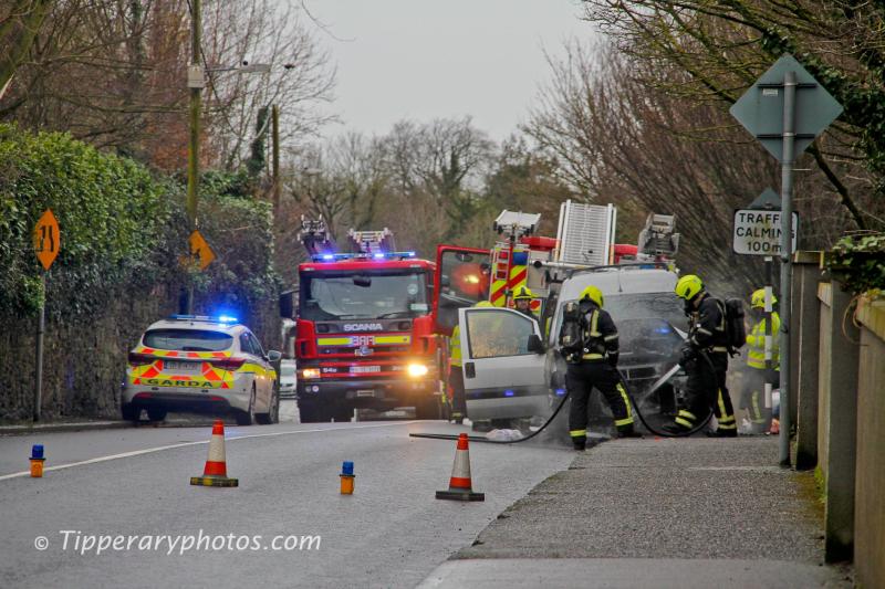 Emergency services attending the scene of a car fire on Raheen Road. Pic: Tipperaryphotos.com