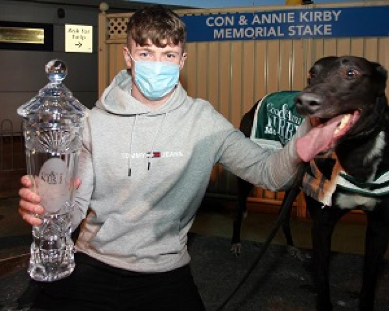 Tipperary  Trainer Mark O'Donovan with Stonepark Leo - winner of the Con & Annie Kirby Memorial 2021 at Limerick Greyhound Stadium.