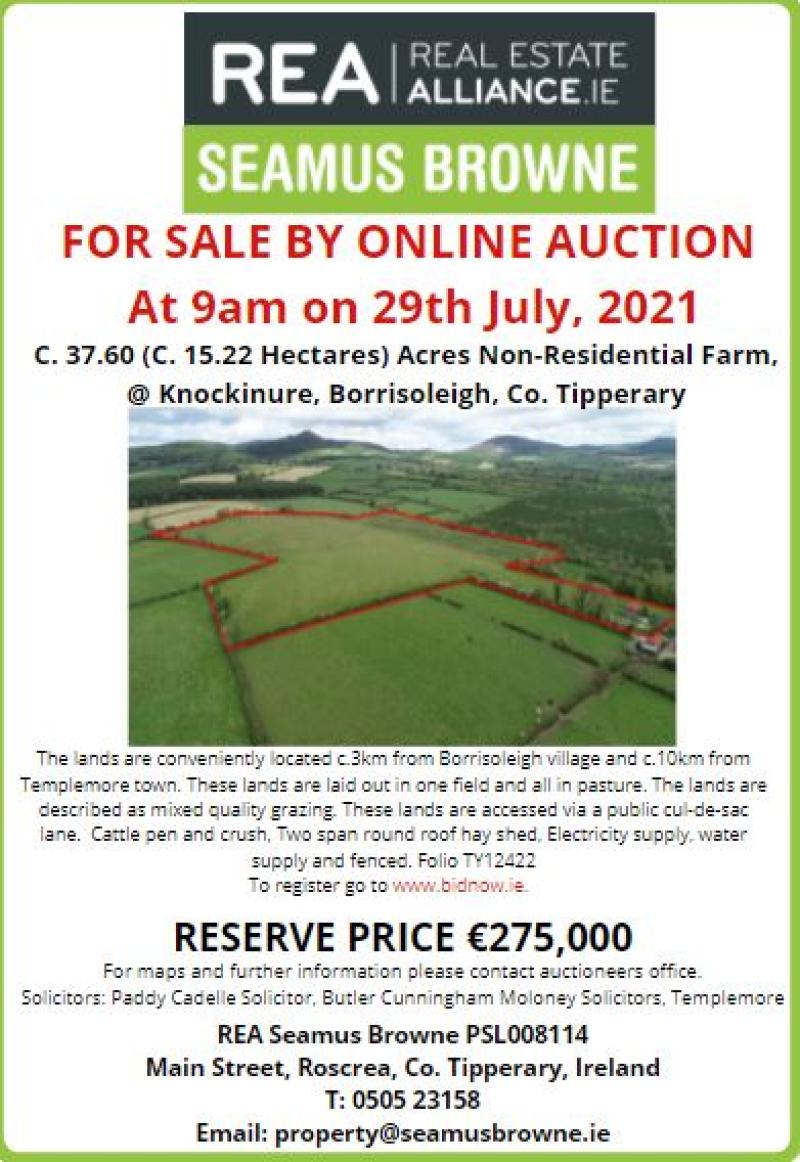 Non-residential farm in Knockinure, Borrisoleigh, is to go on sale by online auction