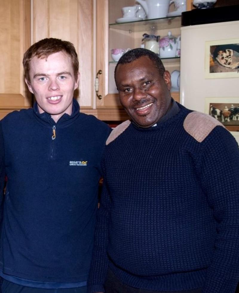 Tommy Barrett pictured with Fr Martin who wiill bring the masks back home to Tanzania