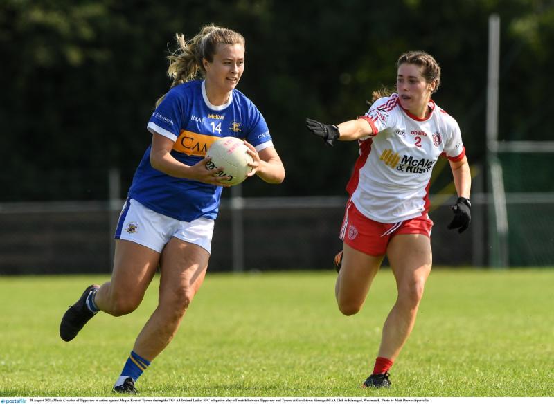 Marie Creedon of Tipperary in action against Megan Kerr of Tyrone during the TG4 All-Ireland Ladies SFC relegation play-off match between Tipperary and Tyrone at Coralstown Kinnegad GAA Club in Kinneg