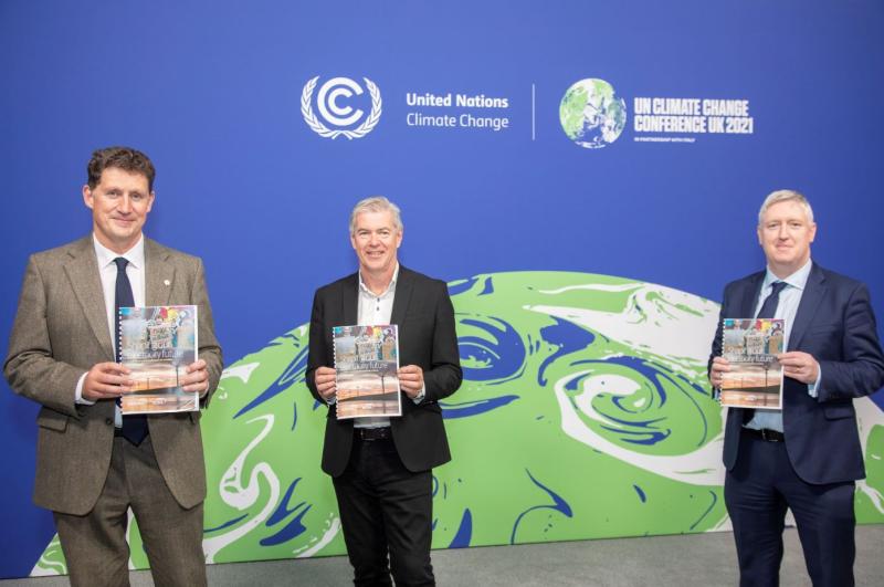 Eamon Ryan TD, Minister for Environment, Climate, Communications and Transport, EirGrid Chief Executive, Mark Foley and Liam Ryan, EirGrid Chief Innovation and Planning Officer unveiled at COP26 the S