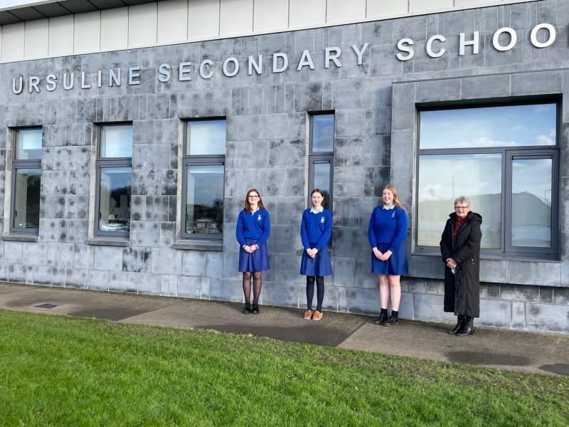 Ursuline Soroptimist Public Speakers (L-R) Emma Moran, TY, Sophia Whelan Fifth Year who placed first in the competition; Lauren Mullally winner of the Ciara Meehan Trophy for best researched speech pi