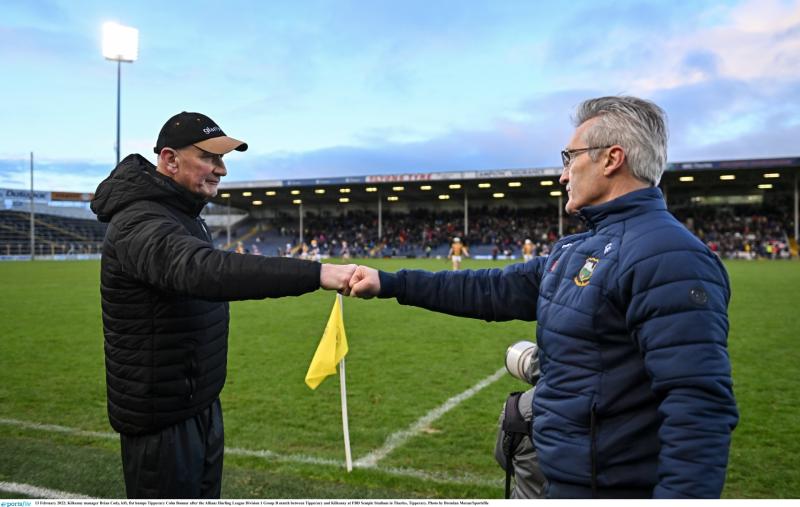 Tipp Manager Colm Bonnar greets Brian Cody of Kilkenny after the final whistle  of today's Allianz NHL tie at FBD Semple Stadium