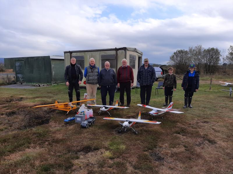  Jimmy Kearns, Michael Blake, Sean McCarthy, Kevin Wilson, Albert Mellor, Oscar O’Donoghue and Jack O’Donoghue pictured with their machines at Tipperary Model Flying Club 
