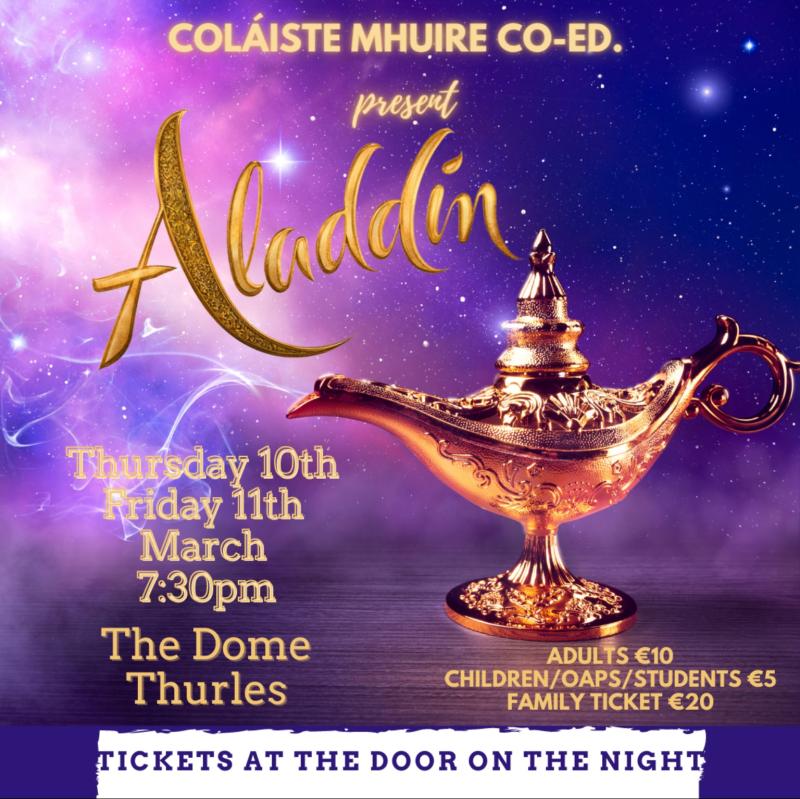 Coláiste Mhuire to perform Aladdin this Thursday in Thurles