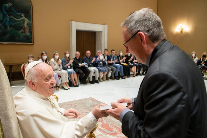 Professor Eamonn Conway pictured presenting Synodal Pathway to Pope Francis during a recent reception for Catholic educators at the Vatican