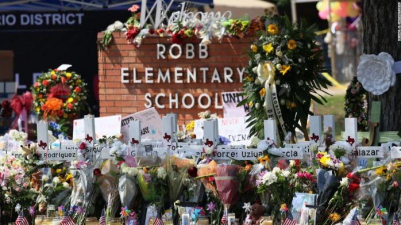 Floral tributes outside Robb Elementary School, Texas