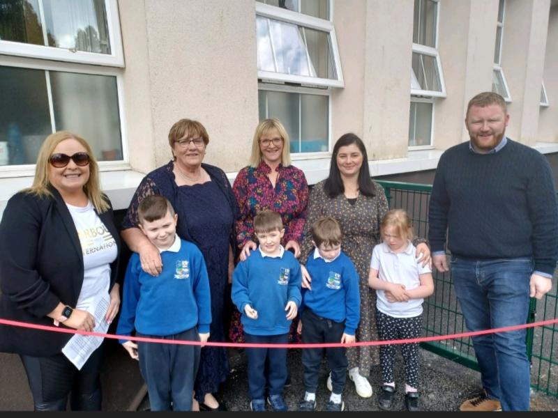 At the official opening of the Seoda were : Back Row: L:R;  Elaine Foley (Principal) Mary d'Estelle-Roe, Aisling Murray, Sinead Stone, Cillian Roche. Front Row:  Kevin MCarthy  James Fogarty, Jeremiah