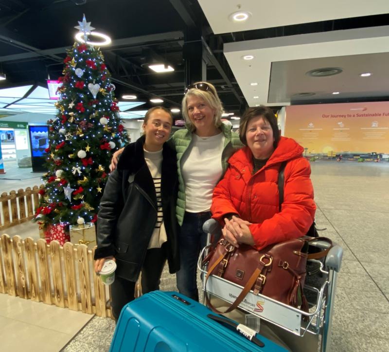 Grainne Flynn and Mary Collins (Abbeyfeale) welcome home their sister and aunt Br&iacute;d, who just arrived in Shannon Airport having travelled home from Sydney via London Heathrow -  her first time home si