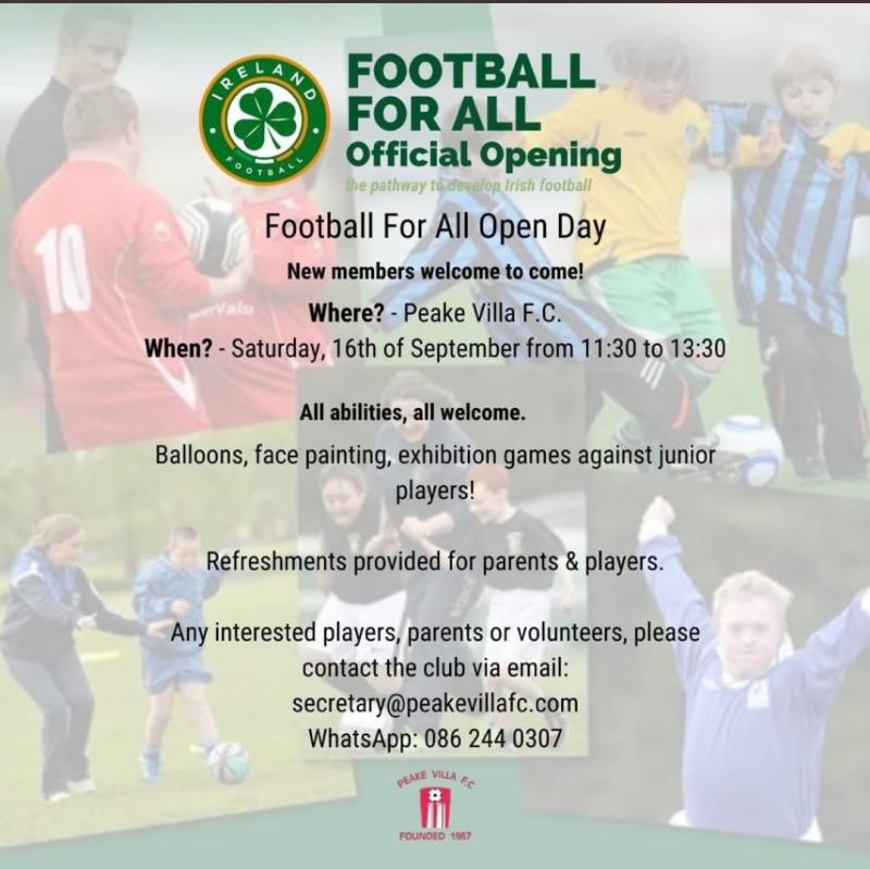 'Football For All' open day at Peake Villa takes place this Saturday!